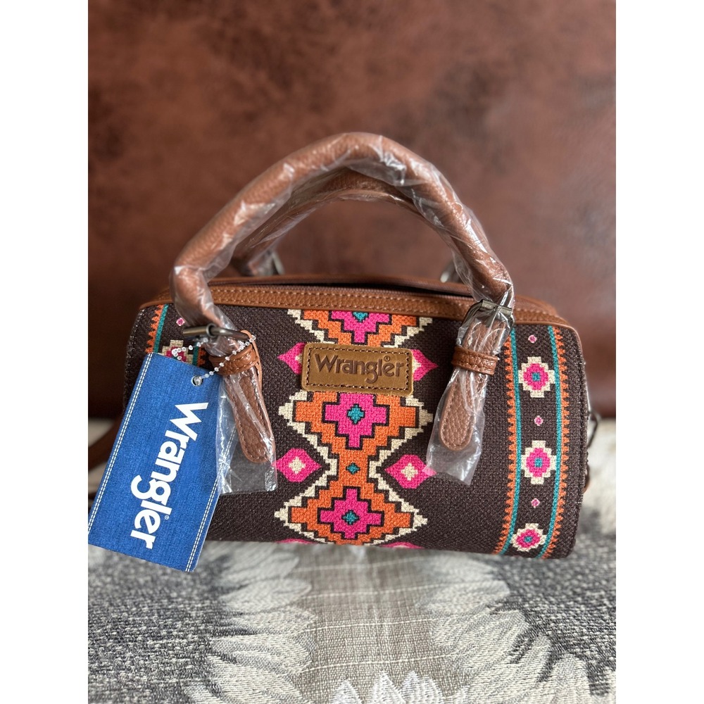 Wrangler Aztec‎ Print Crossbody Satchel Bag Brown Pink Western Barrel Purse